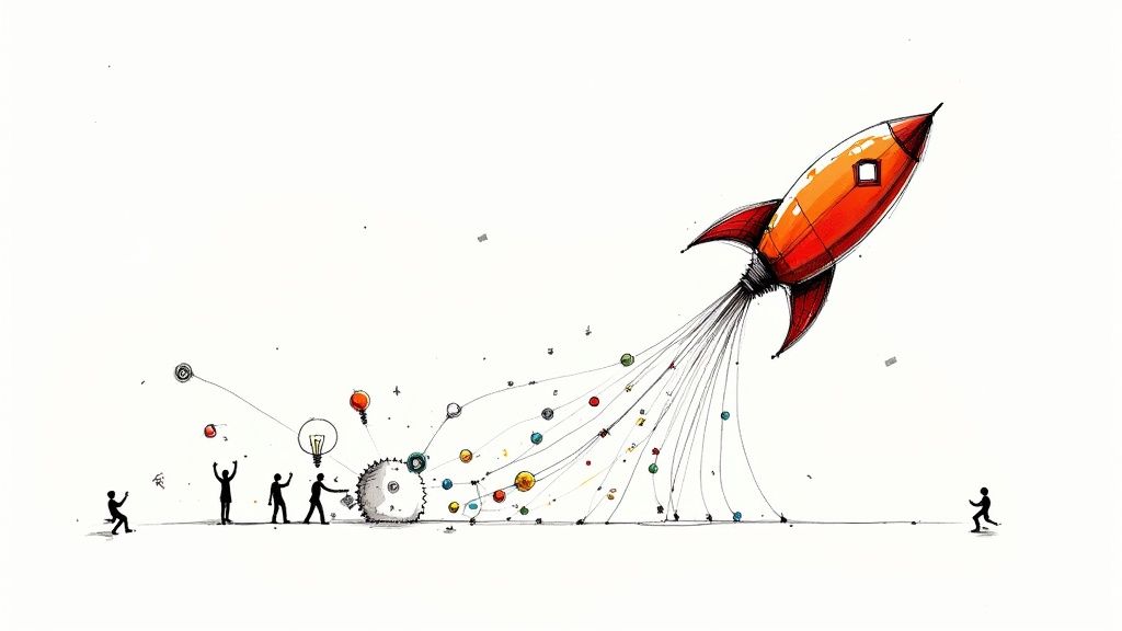 Silhouettes of people collaborating with ideas and gears to launch an orange rocket, symbolizing innovation and teamwork.