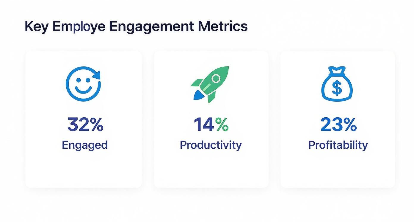Infographic showing that engaged teams lead to 14% higher productivity and 23% higher profitability, while only 32% of employees are engaged.