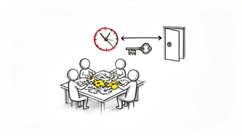 Illustration of teamwork solving a puzzle, leading to a key and an open door under a clock.