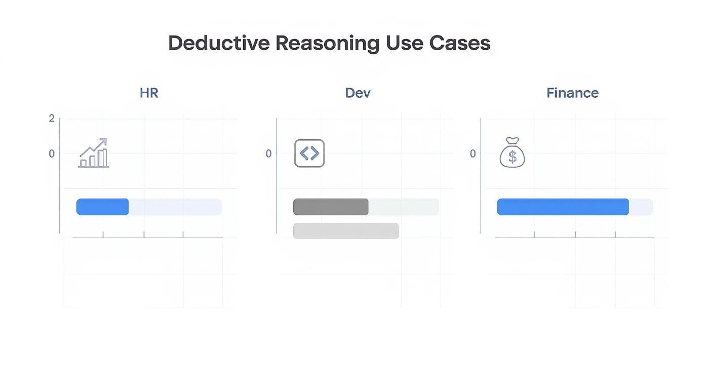 Infographic showing deductive reasoning use cases across HR, Dev, and Finance departments with progress bars.
