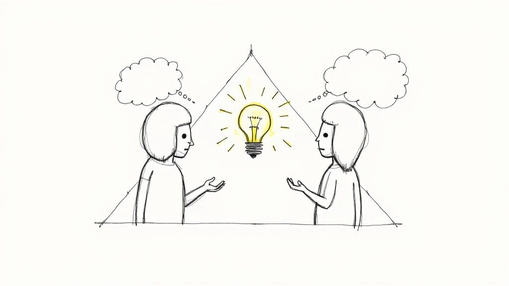 Two colleagues engaged in a constructive, respectful debate in a well-lit meeting room.