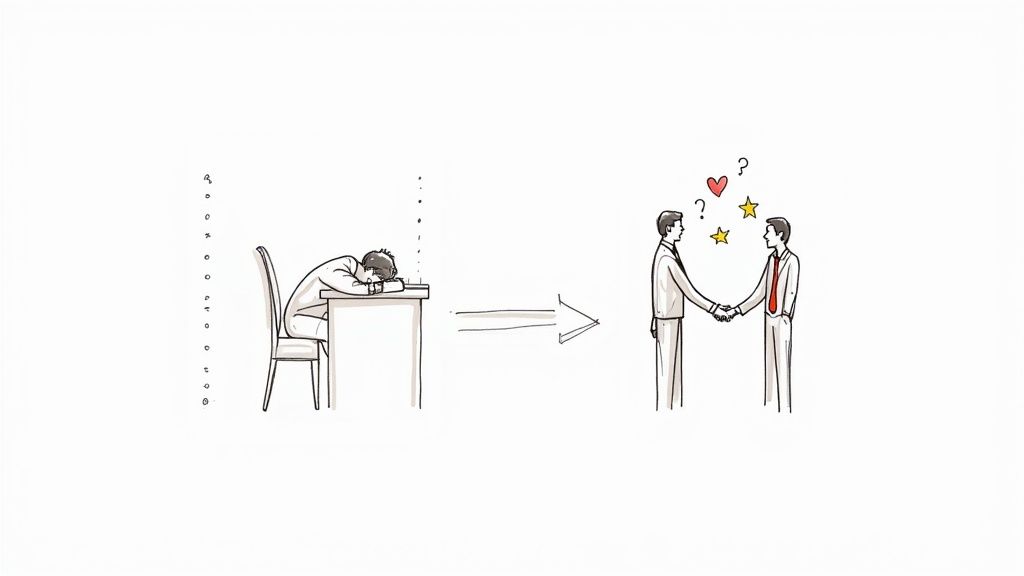 Illustration of a person exhausted at a desk transitioning to a positive business handshake with stars and a heart.