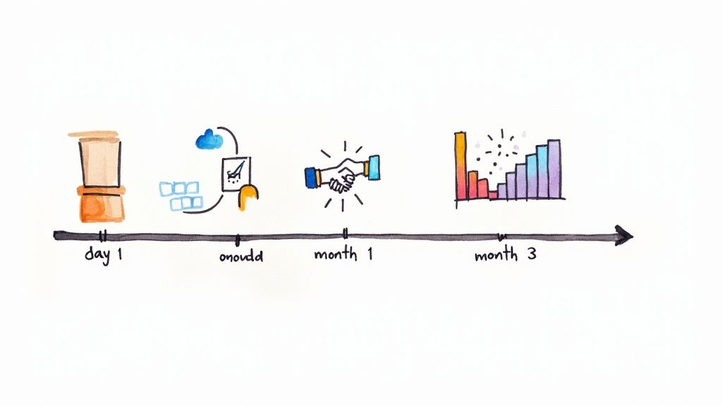 Chart showing the three phases of a 90-day onboarding plan: Orientation (Days 1-30), Integration (Days 31-60), and Contribution (Days 61-90), with corresponding goals for each phase.