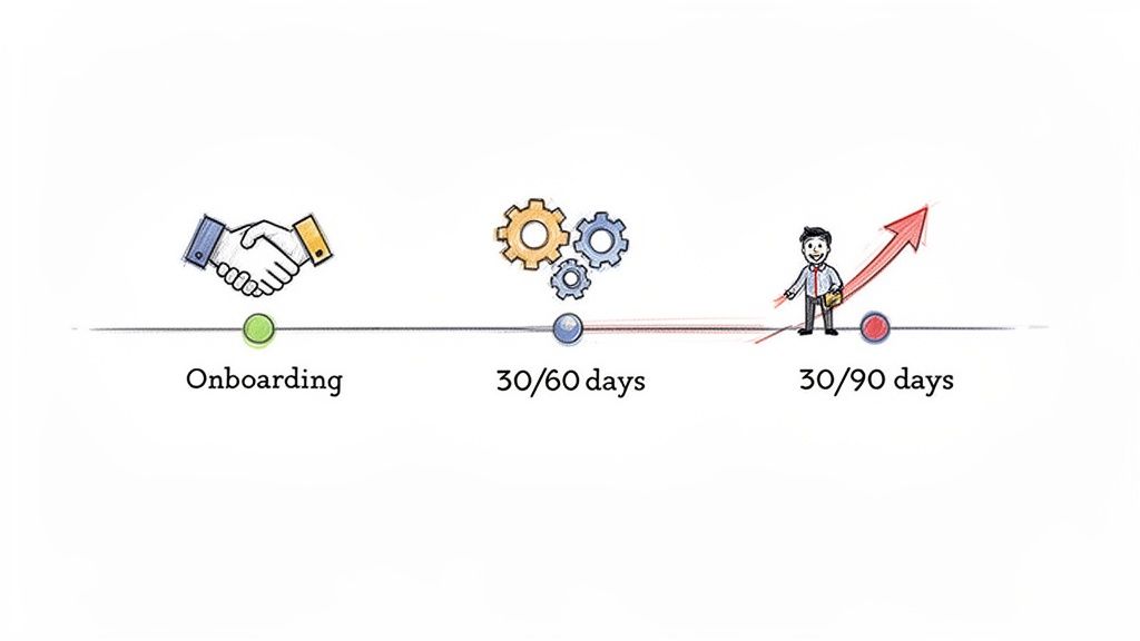 Timeline illustrating employee journey: onboarding, 30/60-day process, and 30/90-day growth progression.