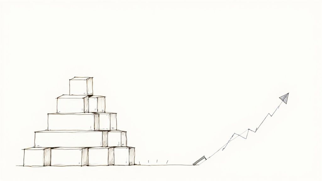 Hand-drawn illustration showing a pyramid of boxes next to a rising growth chart with an arrow.