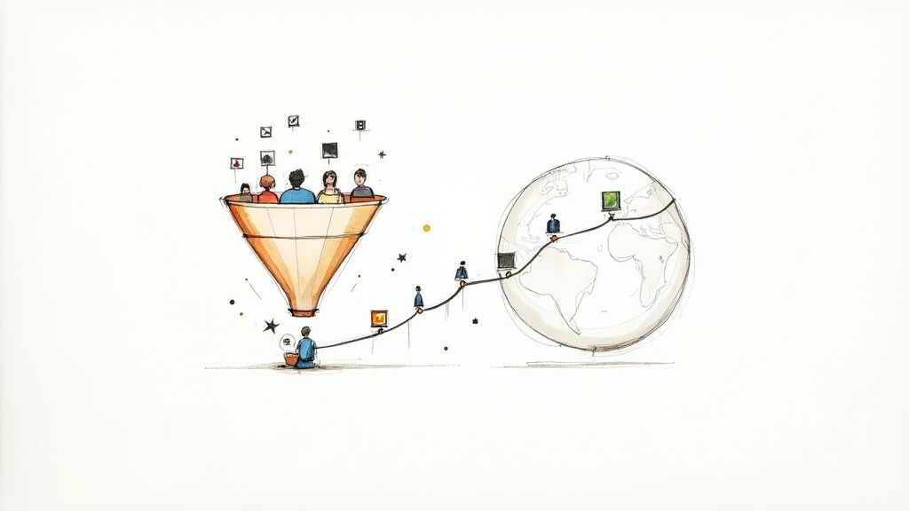 Illustration of people and data flowing through a funnel, connecting globally via screens.