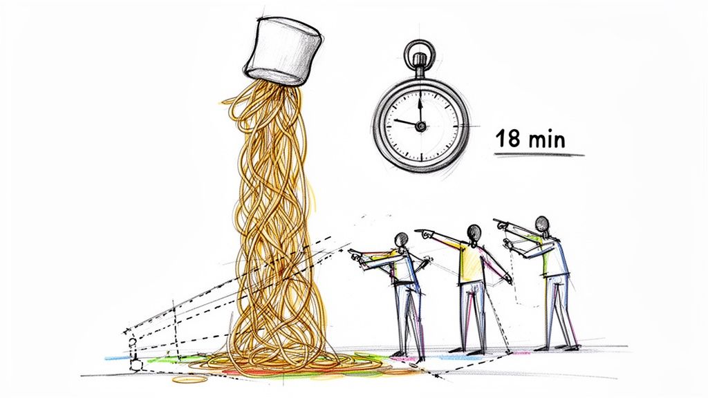 Conceptual drawing depicting the marshmallow challenge with spaghetti, a timer, and team collaboration.