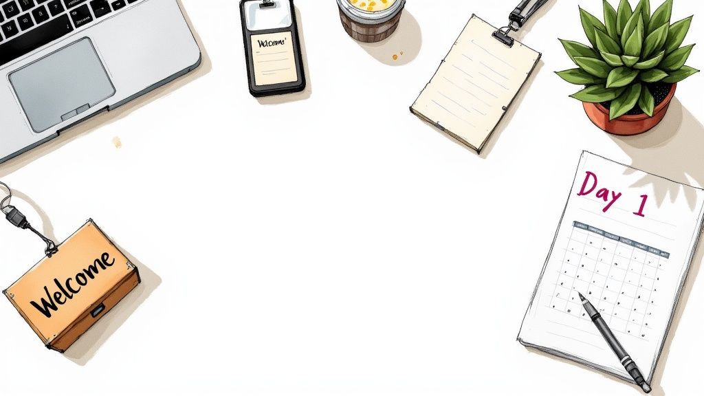 A top-down view of a desk with a laptop, welcome tags, a plant, and a 'Day 1' calendar, suggesting onboarding.