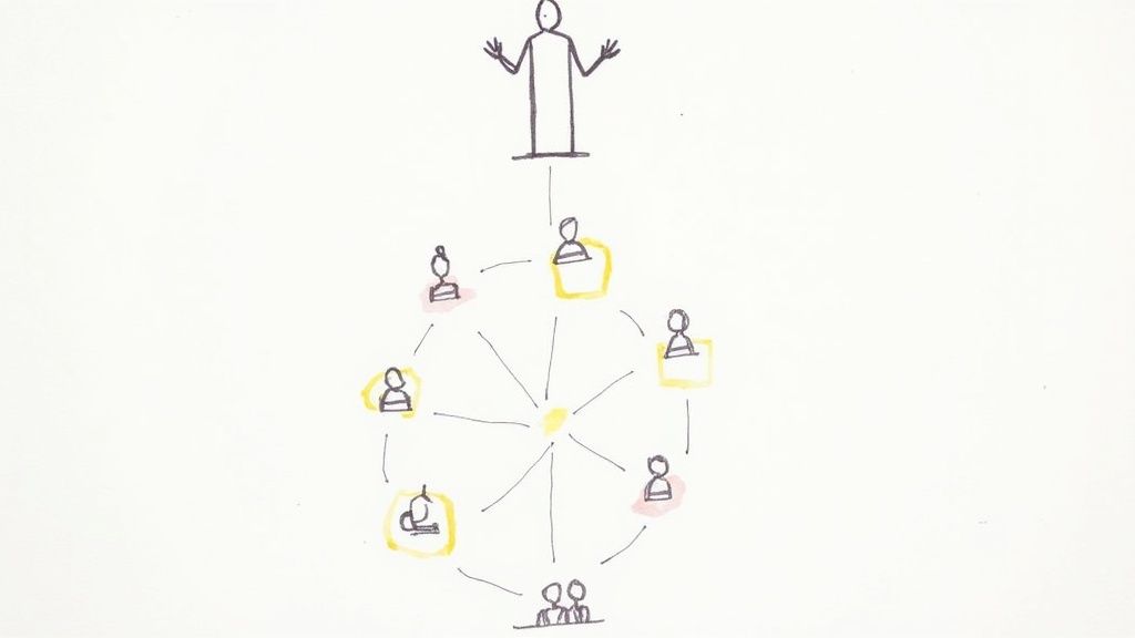 Hand-drawn illustration of a leadership hierarchy connected to a networked team structure.