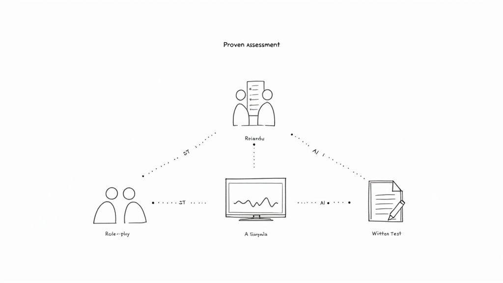 A professional setting where a manager is observing two colleagues collaborating over a laptop, demonstrating an in-person skills evaluation