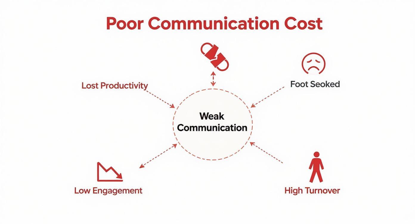 Infographic showing how weak communication leads to lost productivity, low engagement, and high turnover