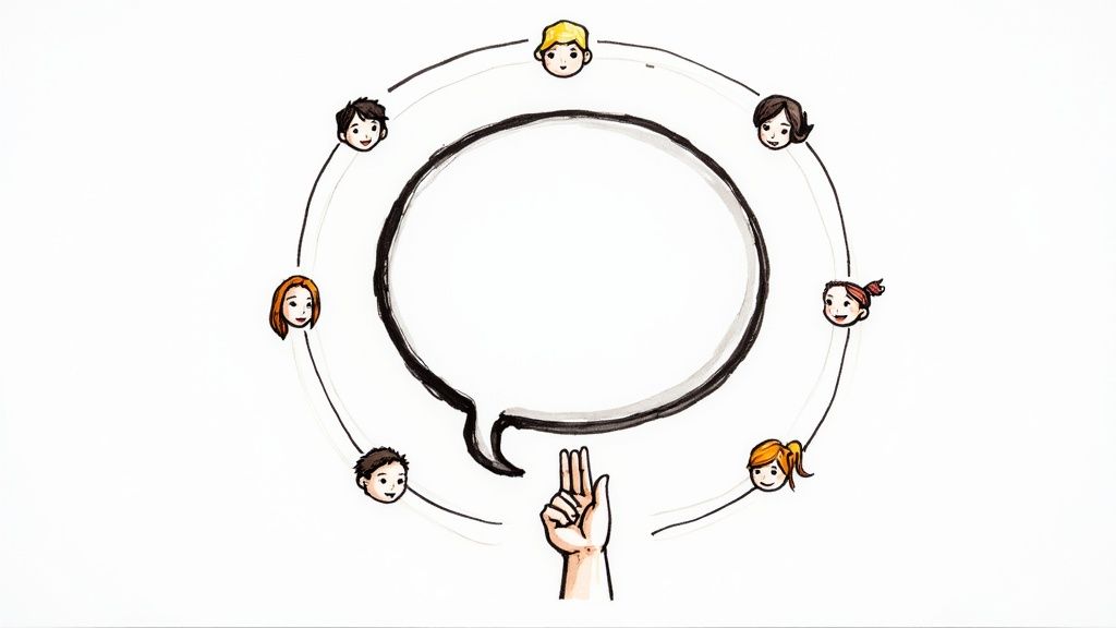 Cartoon of diverse people in a circle around a speech bubble, with a hand pointing up, suggesting discussion.
