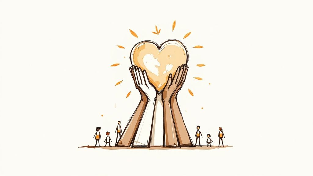 Two hands holding a glowing heart with a world map, surrounded by diverse small people.