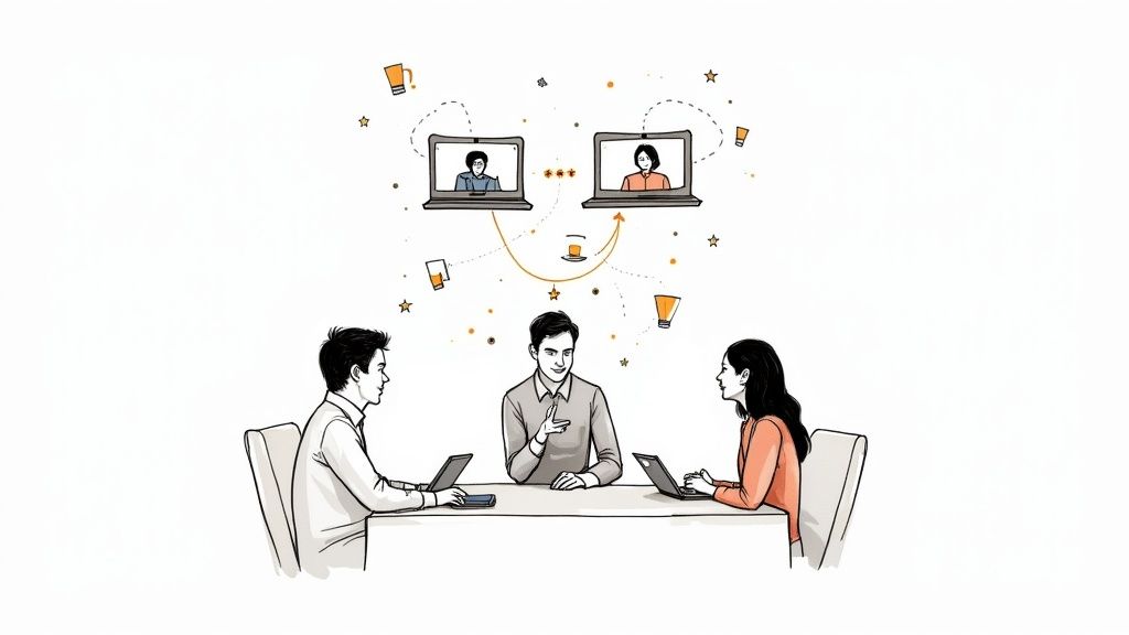 A diverse group of colleagues collaborating and laughing together in a modern office space.