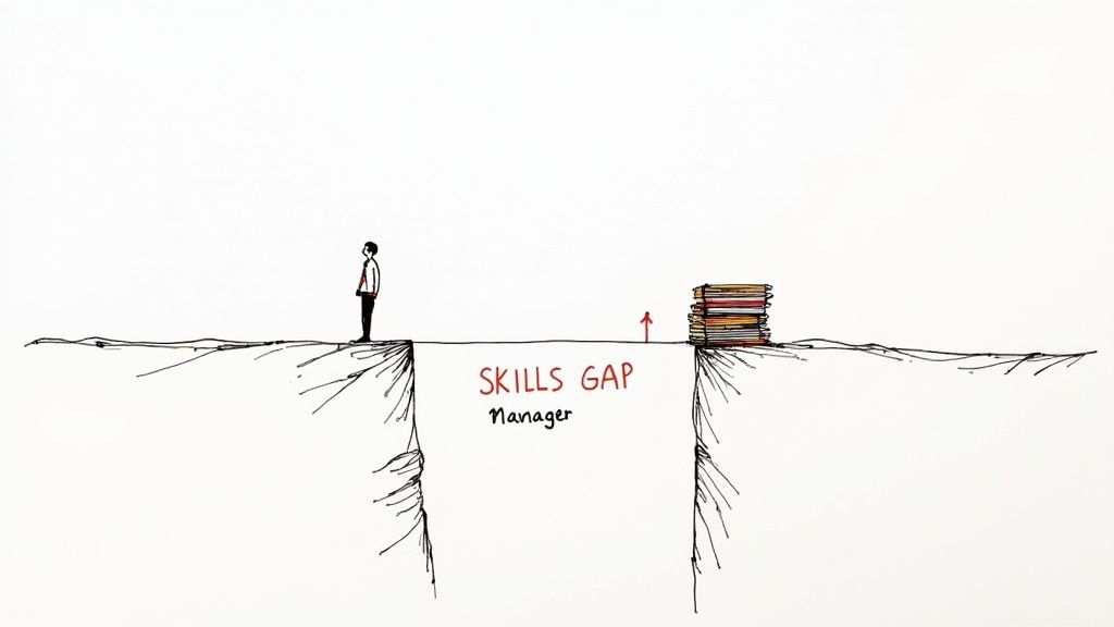 A manager and an employee looking at a screen together, highlighting a skills gap.