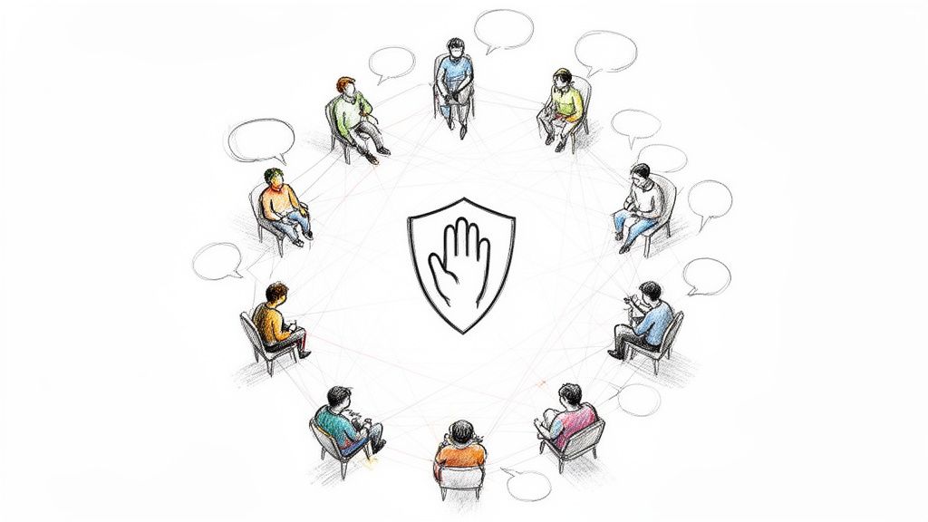 Diverse group of people in a circle with speech bubbles, forming a support network around a shield symbol.