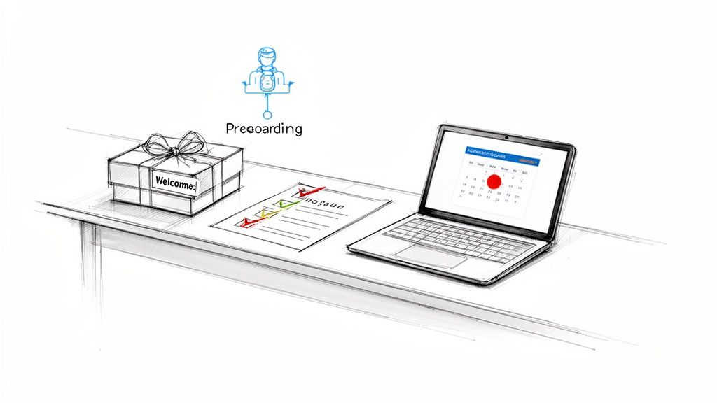 Illustration showing a preboarding setup with a welcome gift box, checklist, and laptop calendar.