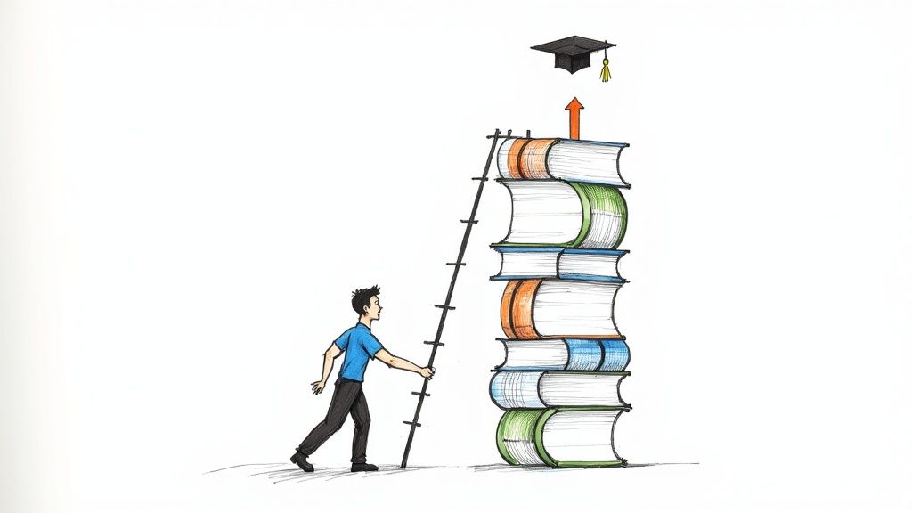 Person climbing ladder of stacked books toward graduation cap representing educational achievement and career development