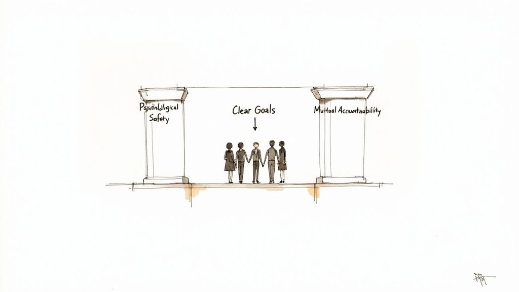 A team collaborating around a table with laptops and documents, illustrating a high-performing environment.