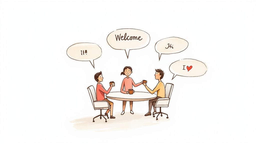 Three people sit around a table with coffee mugs, sharing welcome messages and friendly conversation.