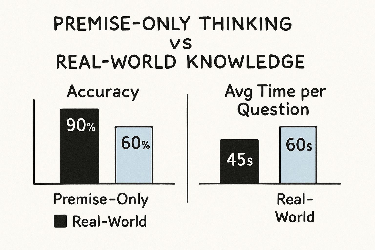 Infographic comparing 'Premise-Only Thinking' to 'Real-World Knowledge' on deductive reasoning tests, showing higher accuracy and faster completion times for the former.