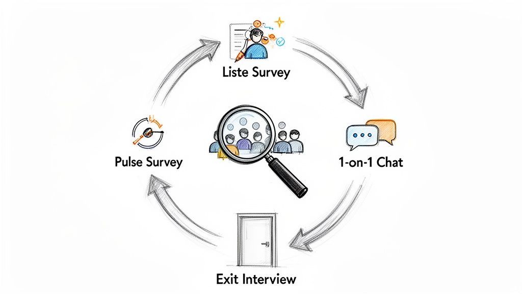 Circular diagram showing employee feedback methods: Liste Survey, 1-on-1 Chat, Exit Interview, Pulse Survey, around people.