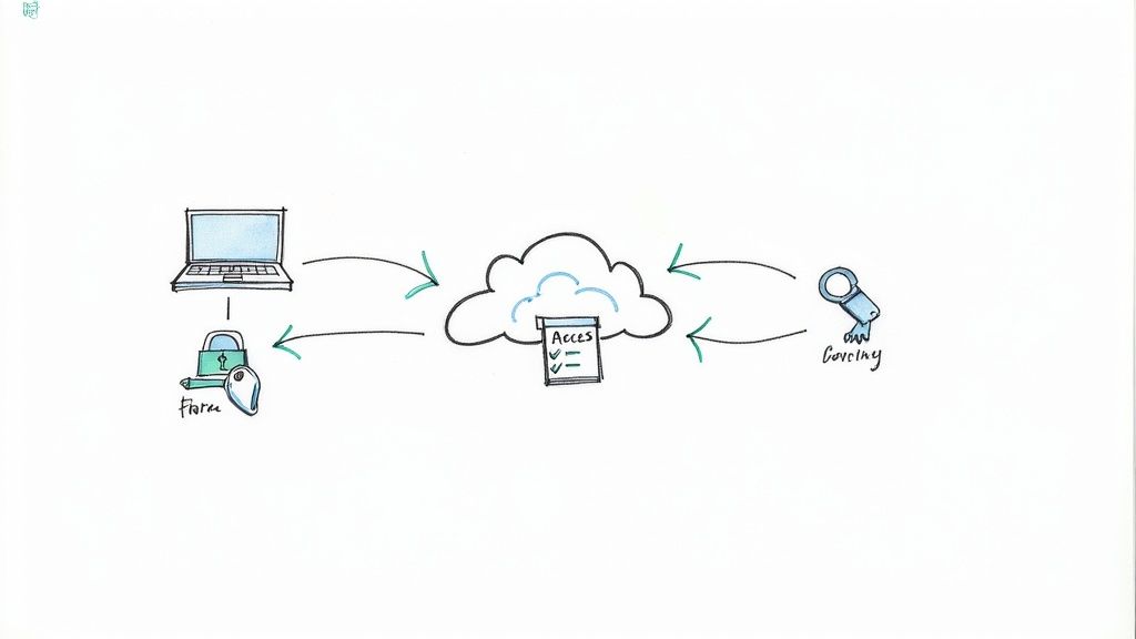 Diagram illustrating a laptop, secure access with a key, and cloud storage with an access checklist.