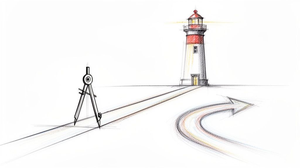 A sketch illustrating a compass on a path leading to a lighthouse, with a curved arrow suggesting a different direction.