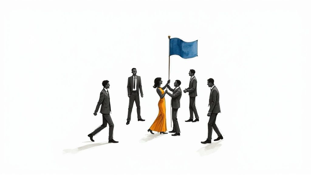 Professional business people gathering around woman in yellow dress with blue flag representing team values