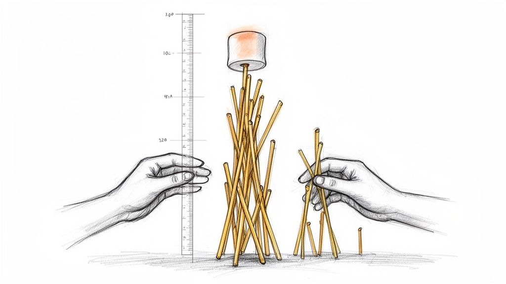 Two hands building a tall tower of straw sticks to support a marshmallow, illustrating a problem-solving activity.