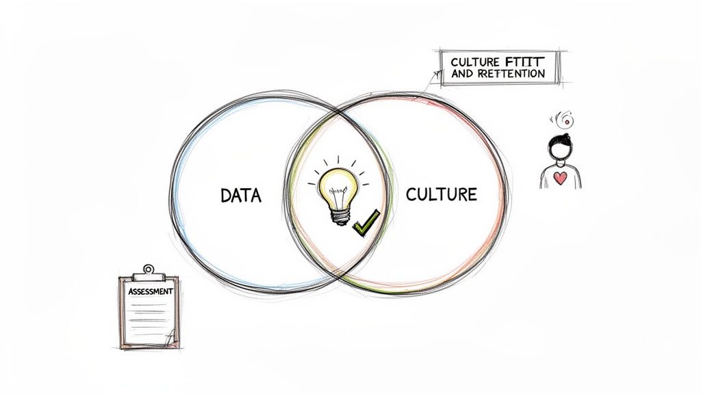 A hand-drawn Venn diagram illustrates the intersection of data and culture, leading to retention and assessment.
