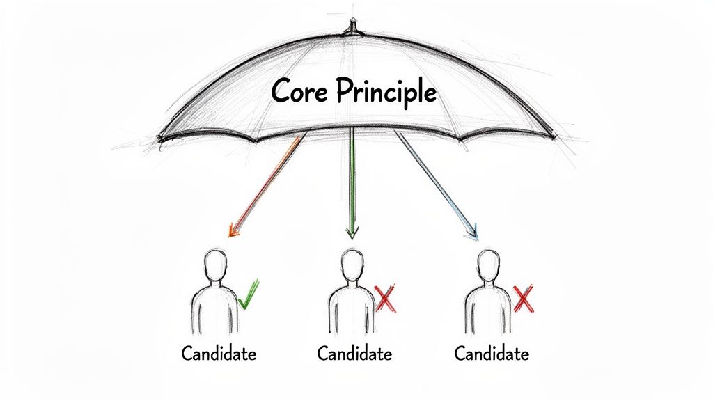 Illustration of a core principle (umbrella) being applied to three candidates, with one accepted and two rejected.