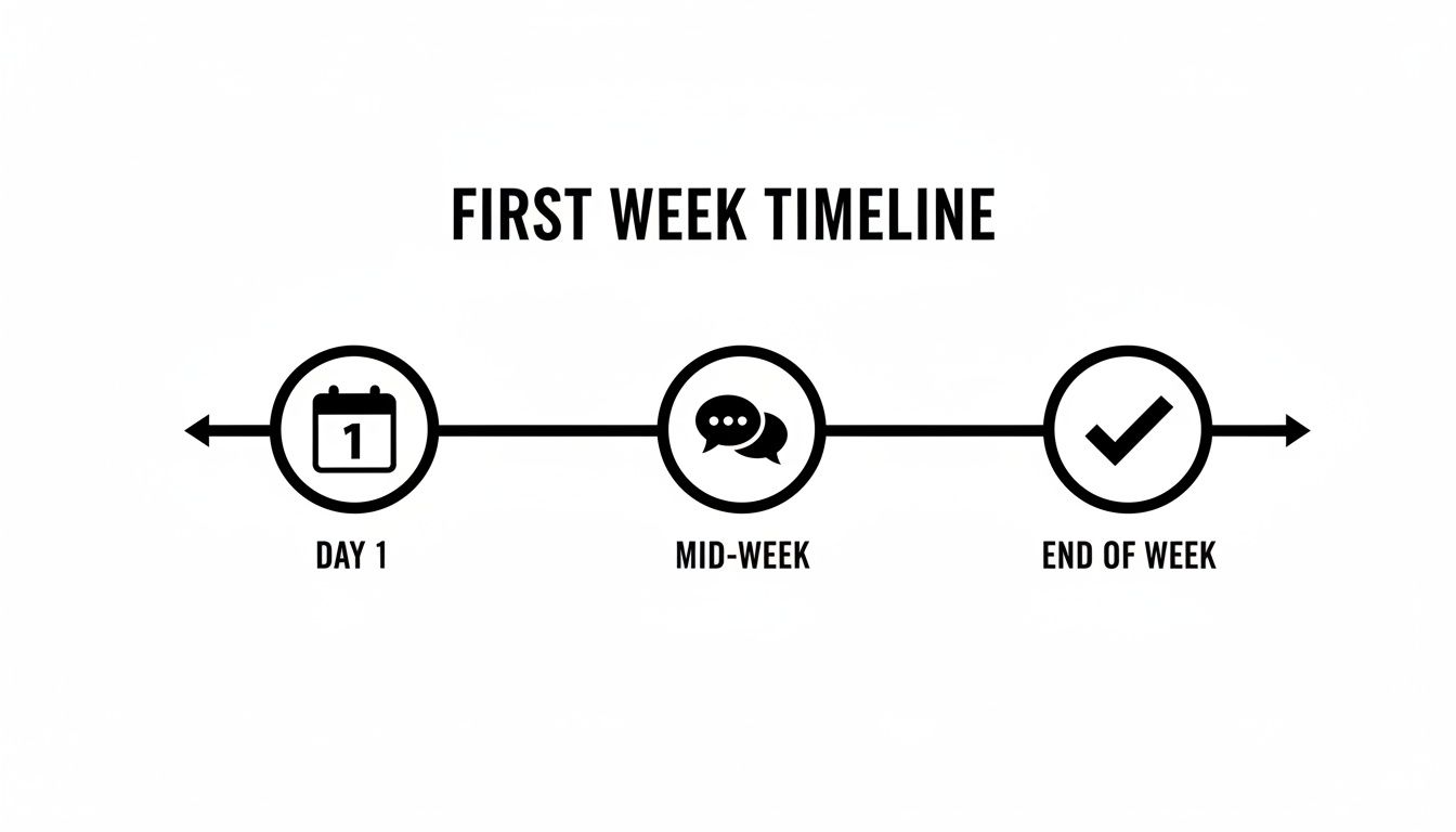 Timeline showing the first week with key milestones: Day 1, Mid-Week, and End of Week.