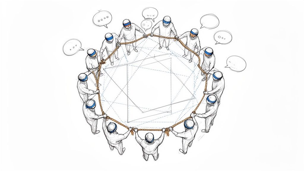 Sketch of a group of blindfolded people holding a rope in a circle, demonstrating teamwork and communication.