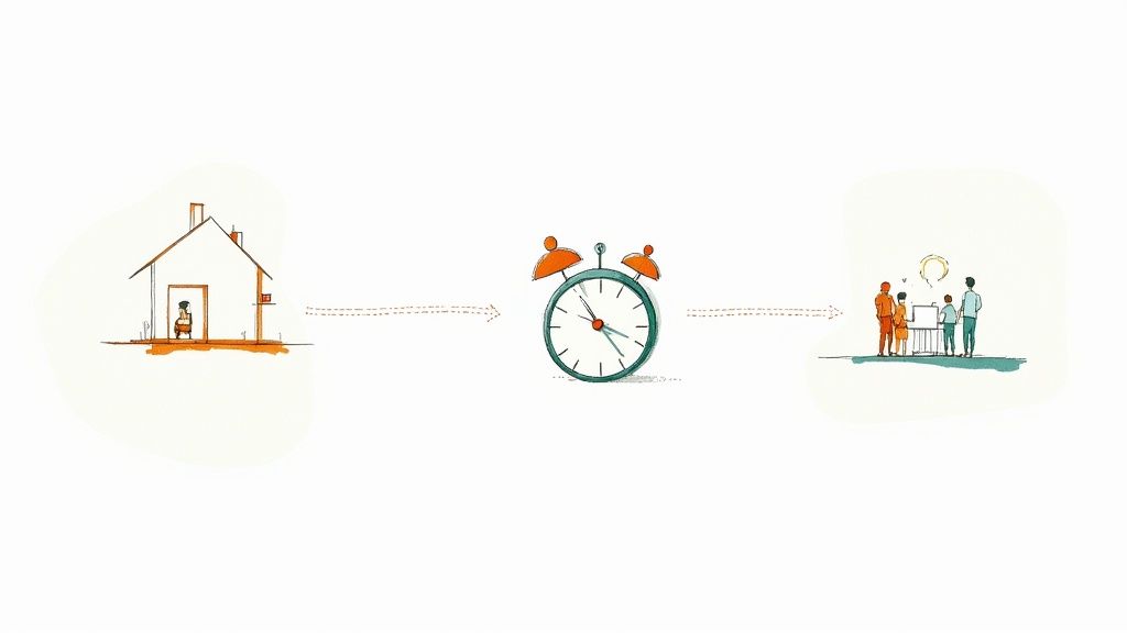 Employee journey from home to work showing recruitment process with alarm clock and team collaboration
