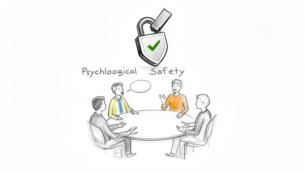Illustration of four people discussing at a table under a lock icon with 'Psychological Safety' text.