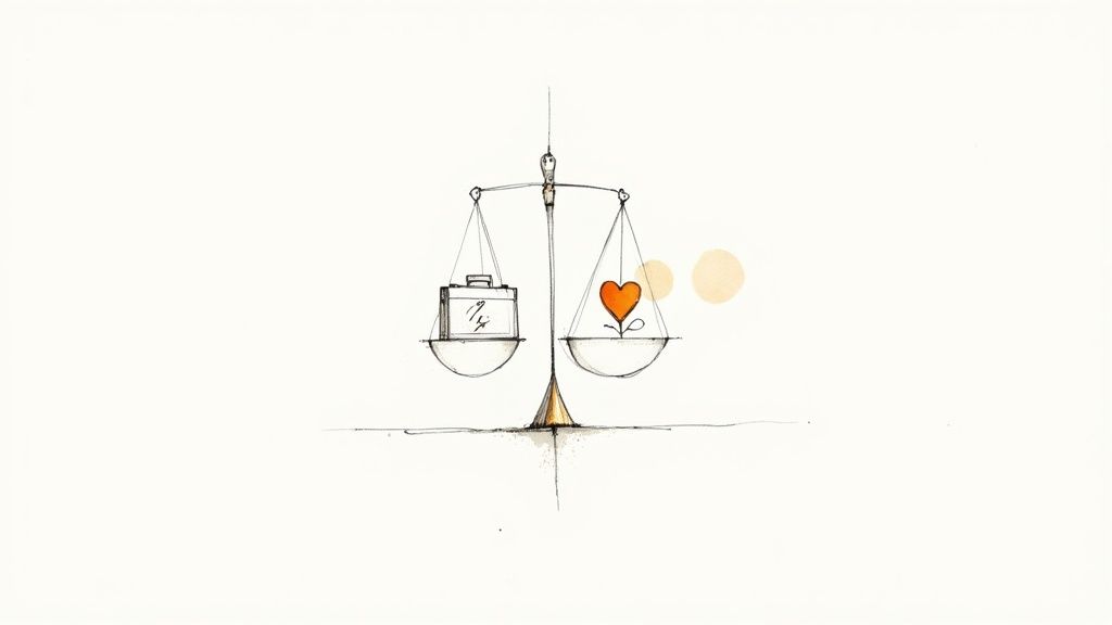 Balance scale weighing briefcase against heart symbolizing work-life values and priorities