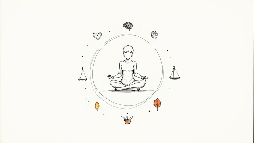 A person meditating in a circle, surrounded by symbols representing holistic health and balance.