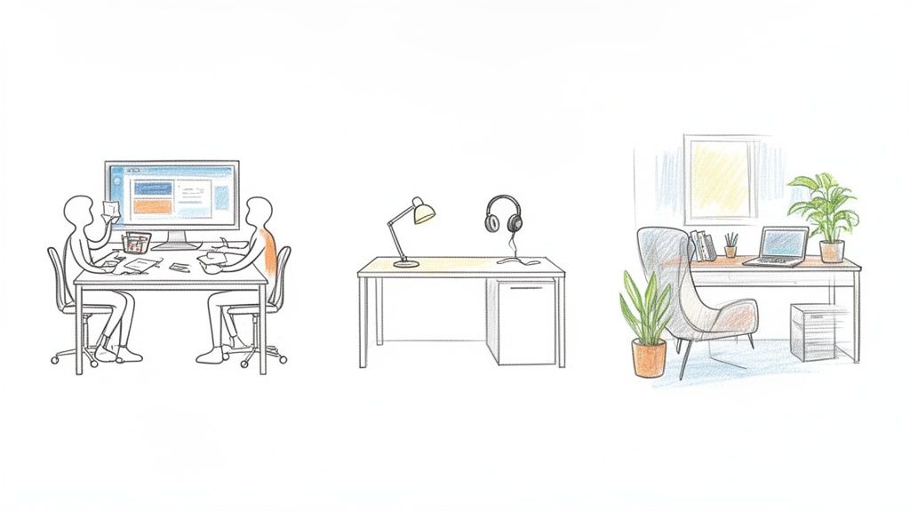 Sketches of three distinct workspaces: a collaborative desk, an empty workstation, and a cozy home office.