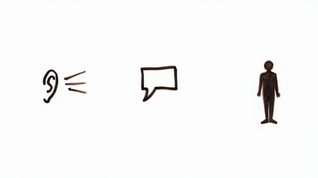 A magnifying glass hovering over icons representing different communication skills like writing, speaking, and listening.