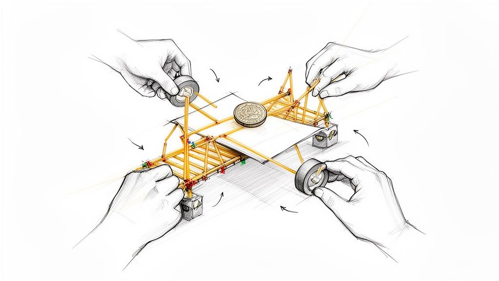 Four hands work together on a spaghetti bridge structure, testing its strength with a coin.