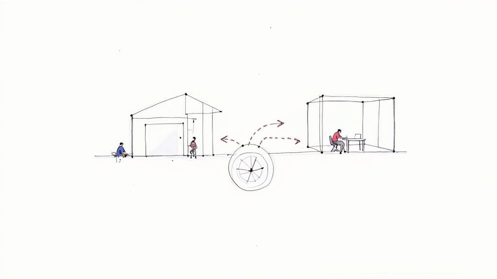 Conceptual diagram illustrating a person's commute or transition between a home-like structure and a distinct workspace.