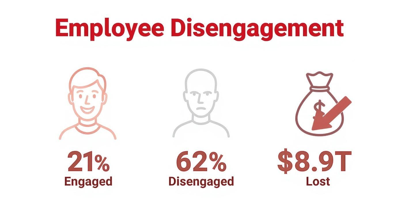 Infographic displaying statistics on employee disengagement, with icons showing 21% engaged, 62% disengaged, and $8.9 trillion in lost productivity.