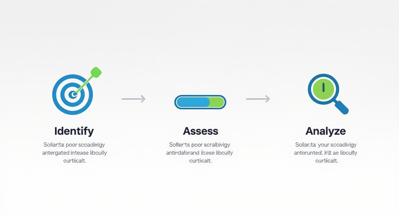Infographic illustrating a three-step process: Identify (target), Assess (progress bar), and Analyze (magnifying glass).