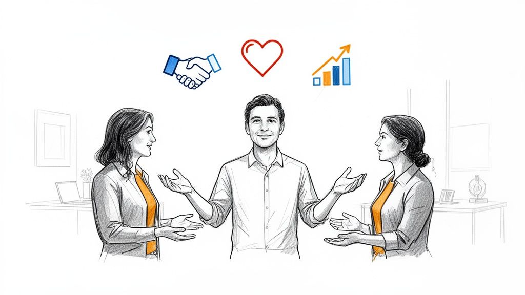 An illustration of three people with icons of handshake, heart, and growth, representing workplace values.