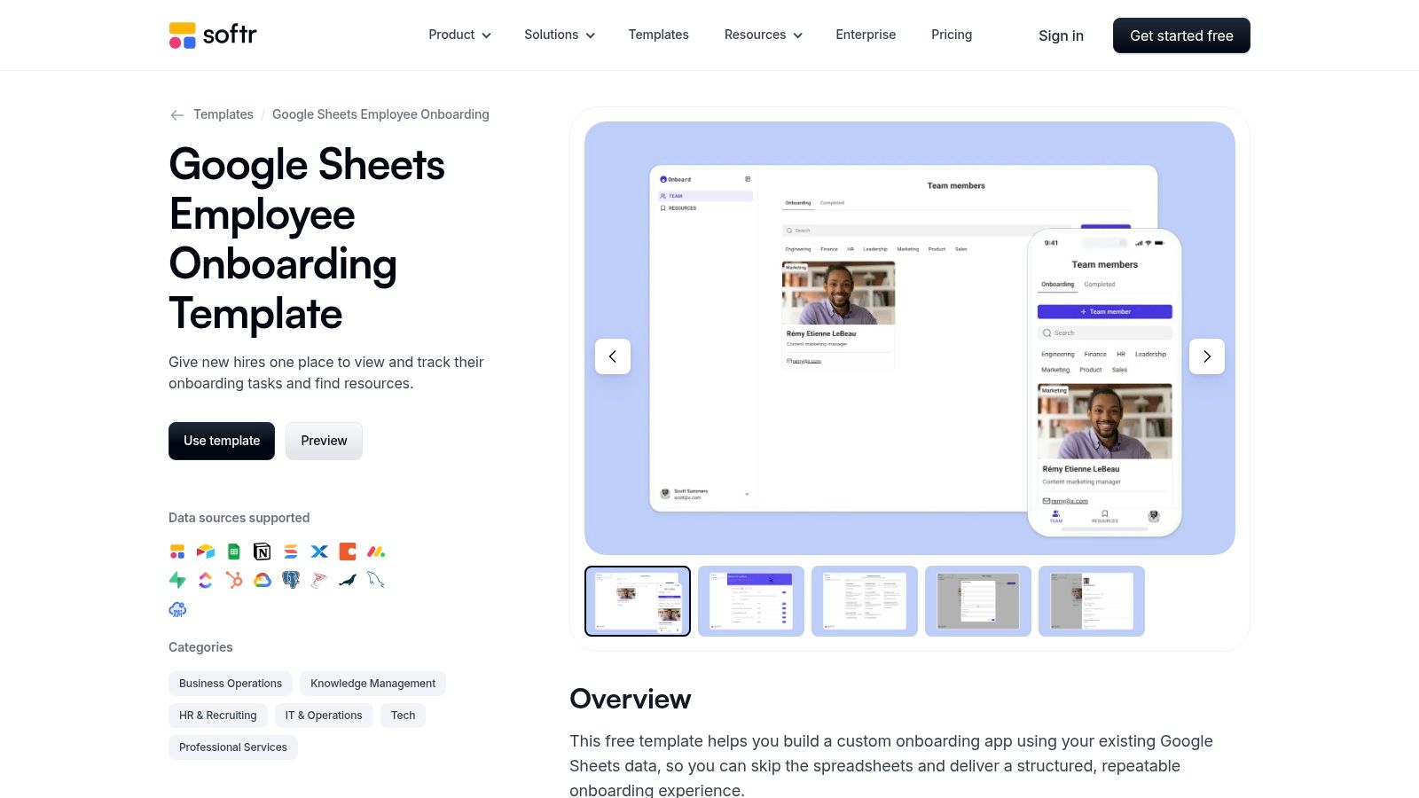 Softr's employee onboarding checklist template showing a web portal view