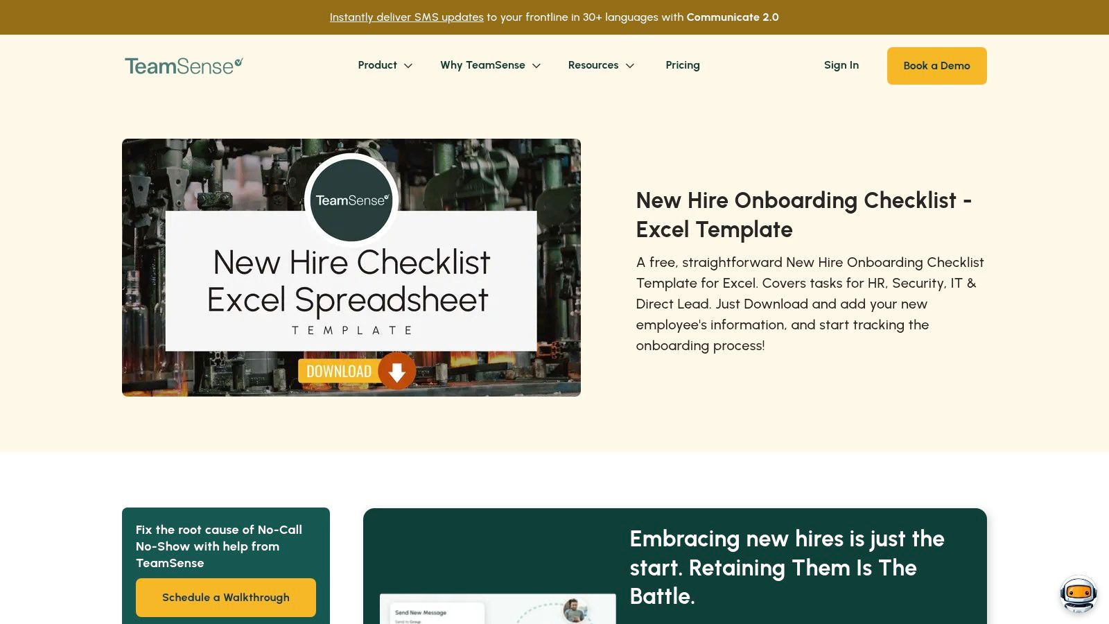 TeamSense's employee onboarding checklist template in Excel format