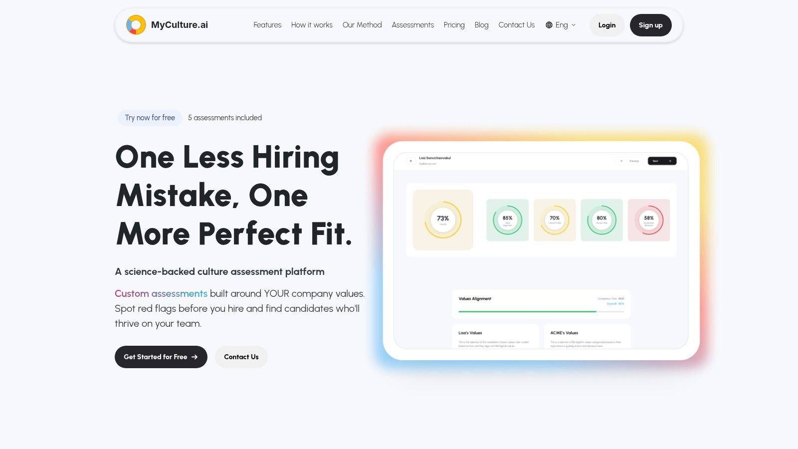 A screenshot of the MyCulture.ai platform dashboard showing how to build a custom culture assessment for the workplace.