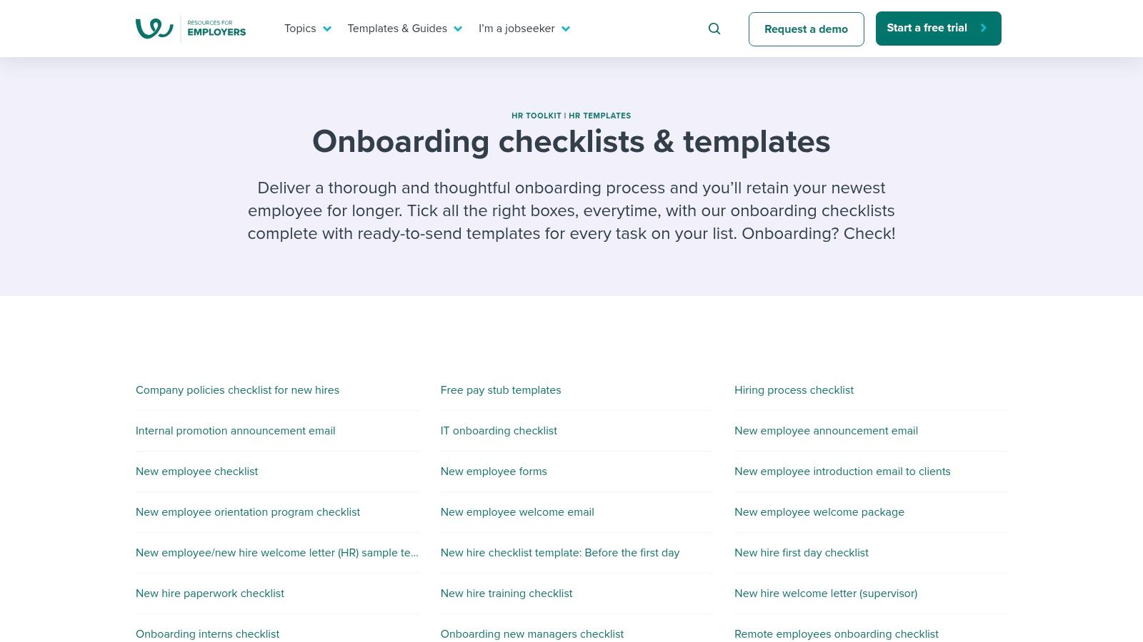 Workable's employee onboarding checklist template page