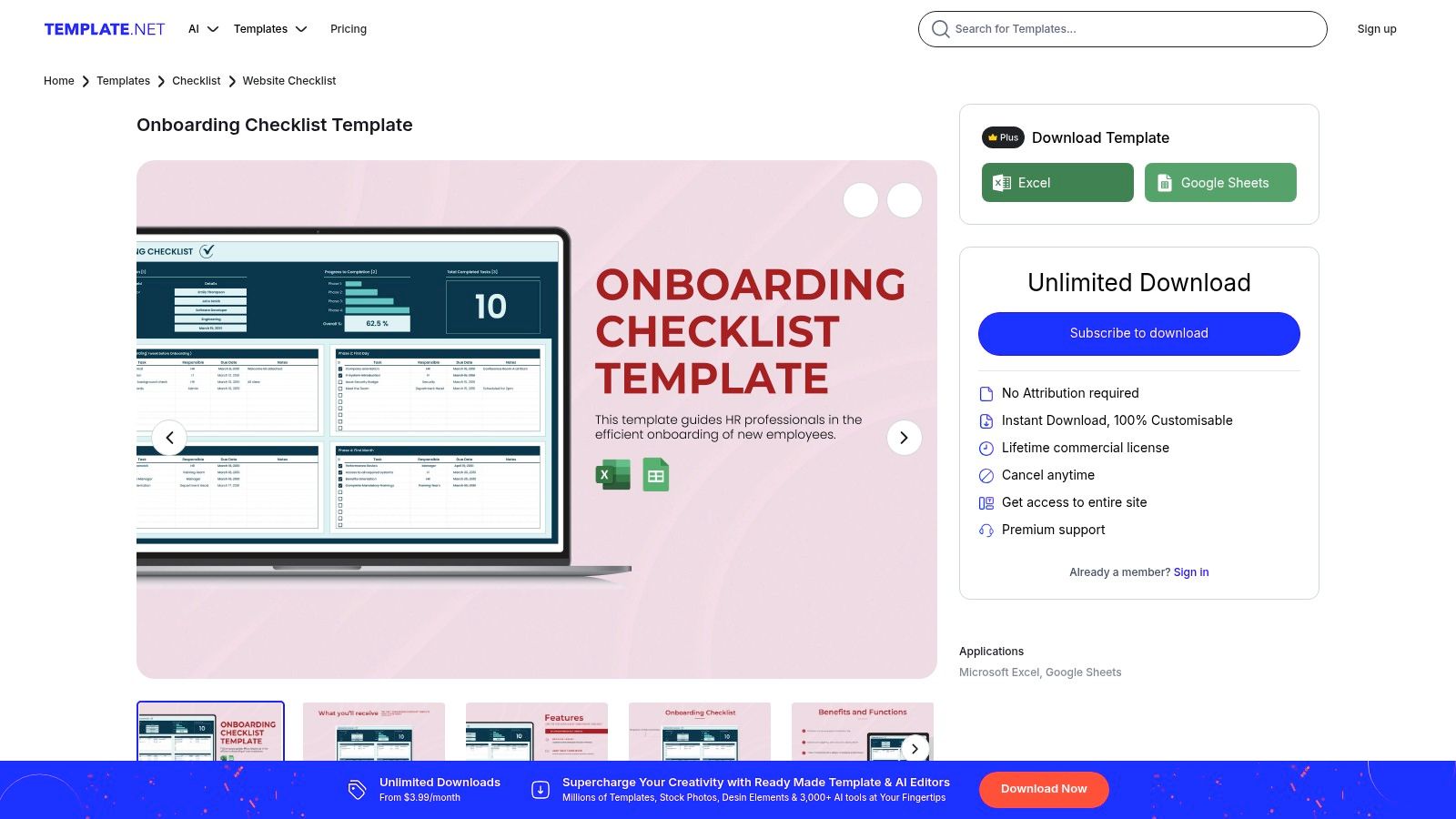 Template.net's employee onboarding checklist template showing a checklist format